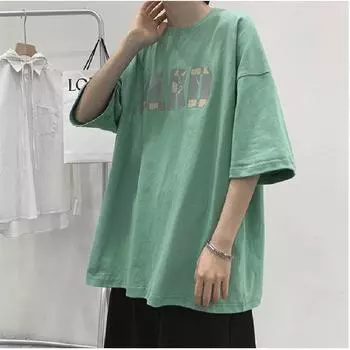 Мужские футболки с коротким рукавом с буквенным графическим принтом и половиной рукава Футболка-пуловер Повседневная футболка Мужская корейская повседневная футболка с круглым вырезом в стиле ретро M светло-зеленый