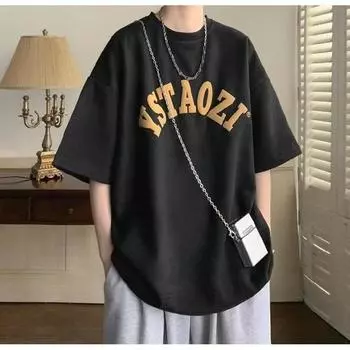 Мужские футболки с коротким рукавом с буквенным графическим принтом и половиной рукава Футболка-пуловер Повседневная футболка Мужская корейская повседневная футболка с круглым вырезом в стиле ретро M чёрный
