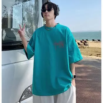 Мужские футболки с коротким рукавом с буквенным графическим принтом и половиной рукава Футболка-пуловер Повседневная футболка Мужская корейская повседневная футболка с круглым вырезом в стиле ретро M чёрный