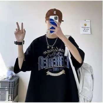 Мужские футболки с коротким рукавом с буквенным графическим принтом и половиной рукава Футболка-пуловер Повседневная футболка Мужская корейская повседневная футболка с круглым вырезом в стиле ретро M чёрный