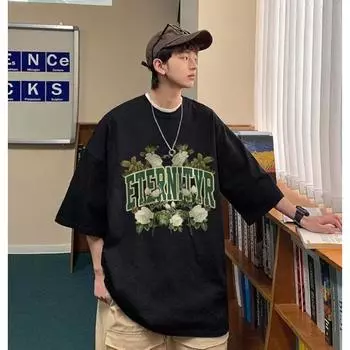 Мужские футболки с коротким рукавом с буквенным графическим принтом и половиной рукава, мужская одежда, повседневная футболка, мужские корейские повседневные топы с круглым вырезом в стиле ретро M чёрный