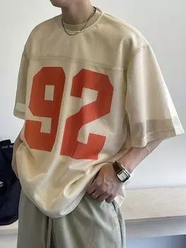 Мужские футболки с мелкой сеткой, дышащие, футболки для игры в мяч, летняя мода, многослойная уличная одежда, полые, быстросохнущие топы, мужская одежда M бежевый