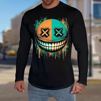 Мужские футболки с принтом часов и улыбающегося лица, футболки с длинным рукавом, повседневные свитера с круглым вырезом, мужская одежда больших размеров XS чёрный