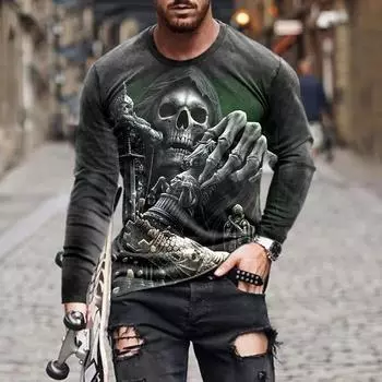 Мужские футболки с принтом черепа в стиле 3D Streetwear, с длинным рукавом и круглым вырезом, с принтом ужасов на Хэллоуин, свободные готические футболки с круглым вырезом S