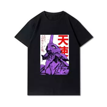 Мужские футболки с принтом Evangelion, хлопковые топы с круглым вырезом, летние повседневные черные футболки в стиле аниме S