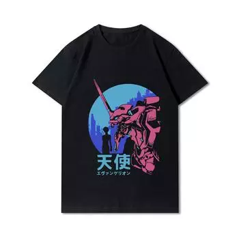 Мужские футболки с принтом «Евангелион» больших размеров, хлопковые топы с круглым вырезом, летние повседневные черные футболки в стиле аниме S