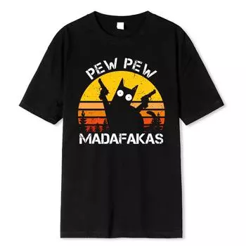 Мужские футболки с принтом Pew Pew Madafakas Cat With Two Guns, летние хлопковые футболки, дышащая свободная одежда, уличные футболки в стиле хип-хоп S чёрный