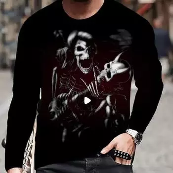 Мужские футболки с принтом скелета Rock, футболки с длинным рукавом, повседневные свитера с круглым вырезом, мужская одежда больших размеров XS чёрный