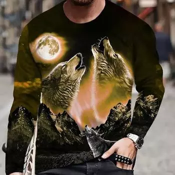 Мужские футболки с принтом «Волк и Луна», футболки с длинным рукавом, повседневные свитера с круглым вырезом, мужская одежда больших размеров XS красный