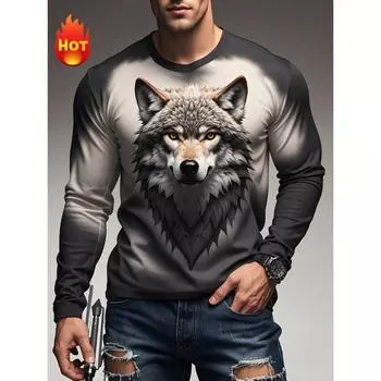 Мужские футболки с принтом животных и волков в винтажном стиле с длинным рукавом, повседневная модная одежда 2000 года с круглым вырезом для мужчин, повседневная уличная одежда S
