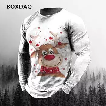 Мужские футболки с рождественским оленем, осенне-зимние, с длинным рукавом, 3D-принтом, уличные хип-хоп мужские праздничные футболки 6XL размера плюс, повседневные топы S