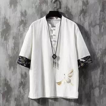 Мужские футболки с вышивкой журавля, одежда в традиционном японском стиле, мужские льняные рубашки с коротким рукавом, однотонные рубашки с воротником мадарин M белый