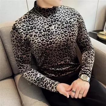 Мужские футболки с золотым бархатом и леопардовым принтом, эластичные футболки с длинным рукавом для мужчин, полувысокий воротник, облегающий крой, повседневные базовые топы, футболки M чёрный