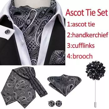 Мужские галстуки Hi-Tie Ascot, черно-белые галстуки с узором пейсли, носовой платок, запонки, брошь AS-1009