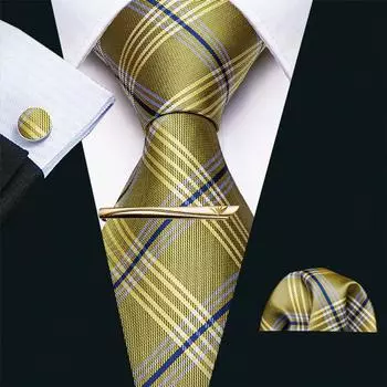 Мужские галстуки в клетку Barry.Wang с завязкой, шелковый галстук, носовой платок, запонки, набор золотых зажимов для галстука N-5208