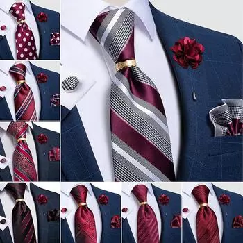 Мужские галстуки в красную полоску, модный дизайн, галстук-бутоньерка, кольцо, галстук и носовой платок, набор запонок для свадебной вечеринки N-7337