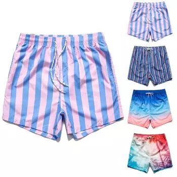 Мужские гавайские праздничные повседневные пляжные шорты с принтом в полоску и контрастные плавки в сетку L