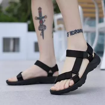 Мужские гладиаторские открытые пляжные сандалии летние уличные сандалии для ходьбы противоскользящие прочные плоские мужские туфли 46 чёрный