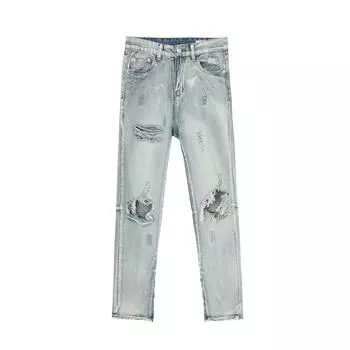 Мужские голубые джинсы в уличном стиле с большими дырками и маленькими штанинами XS светло-синий