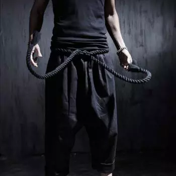 Мужские готические панк хип-хоп джоггеры черные шаровары ночные клубные сценические мешковатые брюки с веревочным поясом мужская уличная одежда укороченные брюки S чёрный