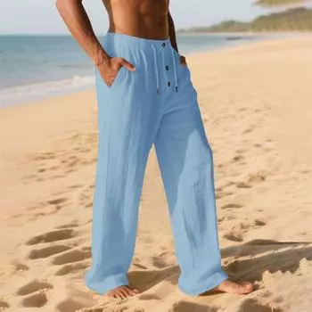 Мужские хлопковые брюки дышащие легкие пляжный стиль Гавайи мешковатые длинные брюки однотонные весна лето брюки на резинке S