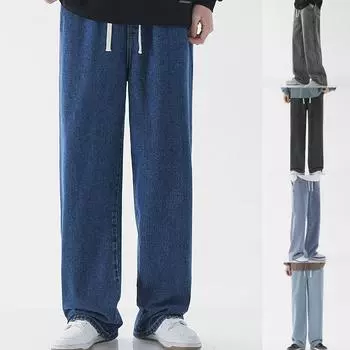 Мужские хлопковые и льняные модные повседневные однотонные дышащие брюки L чёрный