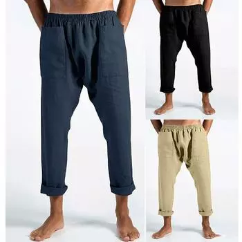 Мужские хлопковые и льняные вставки с карманами для повседневных брюкДжоггеры Прямые спортивные брюки Свободные брюки S хаки