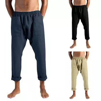 Мужские хлопковые и льняные вставки с карманами для повседневных брюкДжоггеры Прямые спортивные брюки Свободные брюки S чёрный