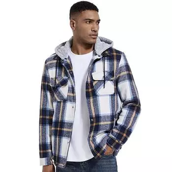 Мужские хлопковые клетчатые рубашки, флисовые рубашки с фланелевой подкладкой, куртки на пуговицах из шерпы с капюшоном для мужчин, повседневная теплая куртка с капюшоном и нагрудными карманами M хаки