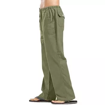 Мужские хлопковые льняные брюки, однотонные брюки, повседневные брюки, легкие свободные пляжные летние брюки S чёрный