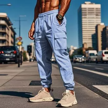 Мужские хлопковые льняные длинные брюки-карго, брюки на шнурке, спортивные повседневные мужские брюки с эластичной резинкой на талии и карманами, свободные тонкие прямые брюки-шаровары S светло-синий