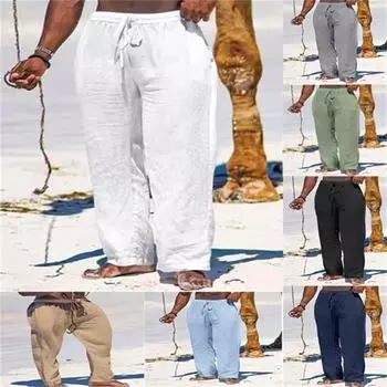 Мужские хлопковые льняные однотонные дышащие повседневные брюки свободного покроя с завязками S белый