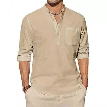 Мужские хлопковые льняные рубашки, рубашка с длинным рукавом, повседневные пляжные рубашки, футболка Henley, отпускные топы с карманами, мужская уличная одежда S чёрный