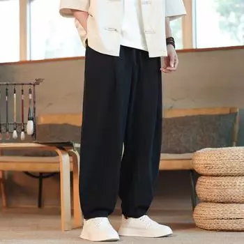 Мужские хлопковые льняные шаровары однотонные свободные большие спортивные штаны для бега дышащая базовая уличная одежда XXXXXL чёрный