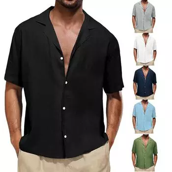 Мужские хлопковые льняные топы на пуговицах с короткими рукавами, летняя повседневная рубашка, блузка, футболка S белый