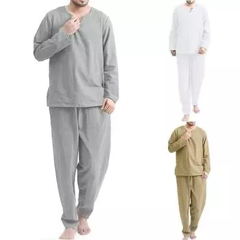 Мужские хлопковые пижамные костюмы, мужская рубашка, длинные брюки, повседневные пижамы из двух частей, тонкие дышащие свободные костюмы для домашнего обслуживания XXXL белый