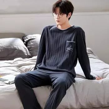 Мужские хлопковые пижамы с длинными рукавами, весенне-осенний простой молодежный домашний костюм для отдыха L белый
