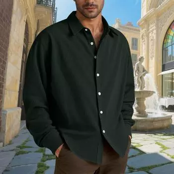 Мужские хлопковые рубашки с длинным рукавом, повседневная текстурированная футболка на пуговицах, свободные топы для отпуска, пляжа, легкие M зелёный