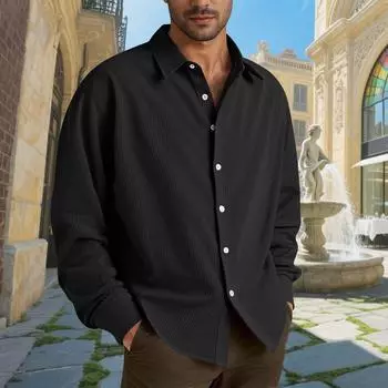 Мужские хлопковые рубашки с длинным рукавом, повседневная текстурированная футболка на пуговицах, свободные топы для отпуска, пляжа, легкие L чёрный