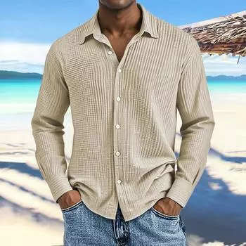 Мужские хлопковые рубашки с длинным рукавом, повседневная текстурированная футболка на пуговицах, свободные топы для отпуска, пляжа, легкие L