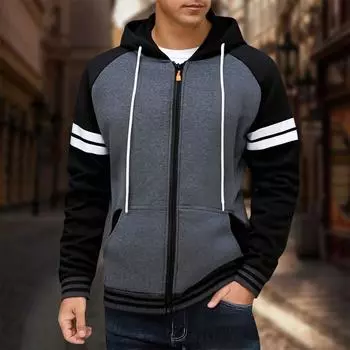Мужские худи на молнии, полосатые, с цветными блоками, повседневные толстовки с капюшоном и карманами, модные лоскутные куртки, верхняя одежда L
