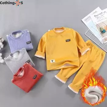 Мужские и женские детские утепленные пижамы для мальчиков и девочек осенне-зимний теплый комплект нижнего белья 80cm