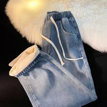 Мужские и женские джинсы Plus Velvet, мужские зимние утолщенные теплые американские брюки, мужские свободные прямые брюки High Street для мужчин XS темно-синий