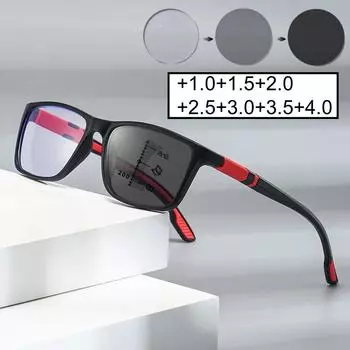 Мужские и женские фотохромные мультифокальные очки для чтения, винтажные очки для пресбиопии, унисекс, модные квадратные очки, блокирующие синий свет +100