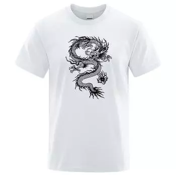 Мужские и женские футболки в китайском стиле с белым драконом, модные дышащие футболки, свободная хлопковая футболка, одежда, брендовая футболка высокого качества XL