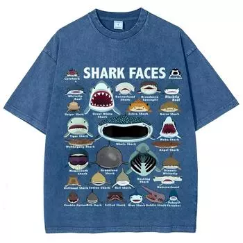 Мужские и женские футболки в винтажном стиле с различными принтами акул, высококачественные, выстиранные и состаренные, повседневные, с короткими рукавами S