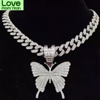 Мужские и женские хип-хоп ожерелье с подвеской в виде бабочки Iced Out Bling с 13-миллиметровой кубинской цепью Miami Hiphop ожерелья с модными подвесками 20inch золотой