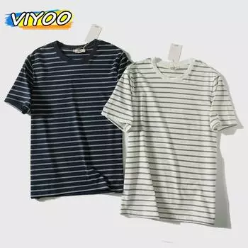 Мужские и женские хлопковые рубашки в японском стиле, полосатые футболки с короткими рукавами, уличная одежда, летние блузки, топы для мужчин L тёмно-синий
