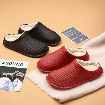 Мужские и женские хлопковые тапочки, теплая зимняя повседневная кожаная обувь, водонепроницаемая и нескользящая домашняя и уличная прогулочная хлопковая обувь, размеры 36-46 36 чёрный
