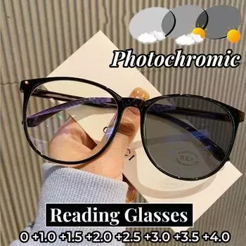 Мужские и женские интеллектуальные модные фотохромные очки для чтения, унисекс, уличные УФ-солнцезащитные очки, сверхлегкие круглые дальнозоркие очки 4